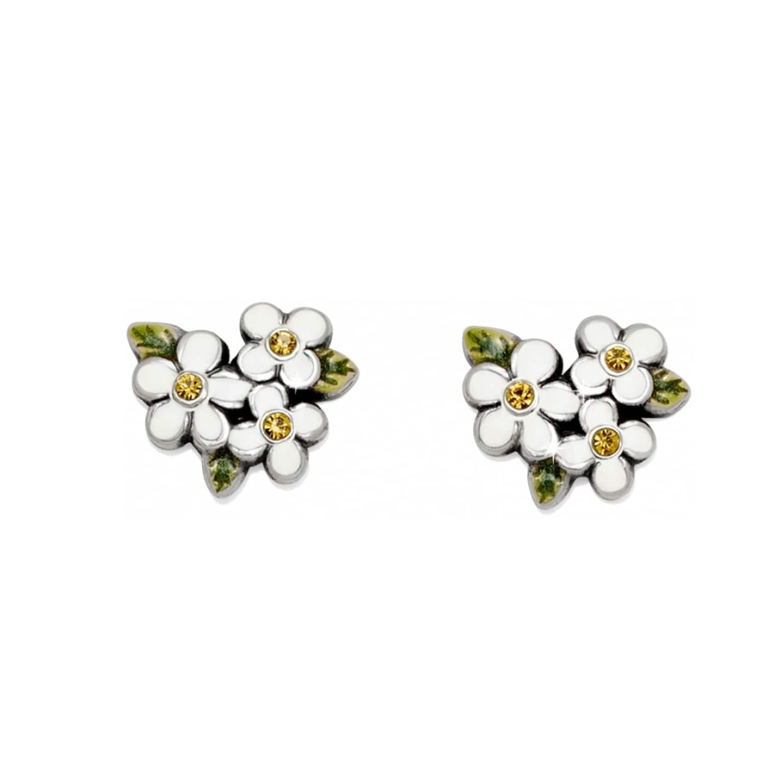 Brighton stud earrings with white enamel flowers, yellow crystal centers, and green leaf accents on a white background