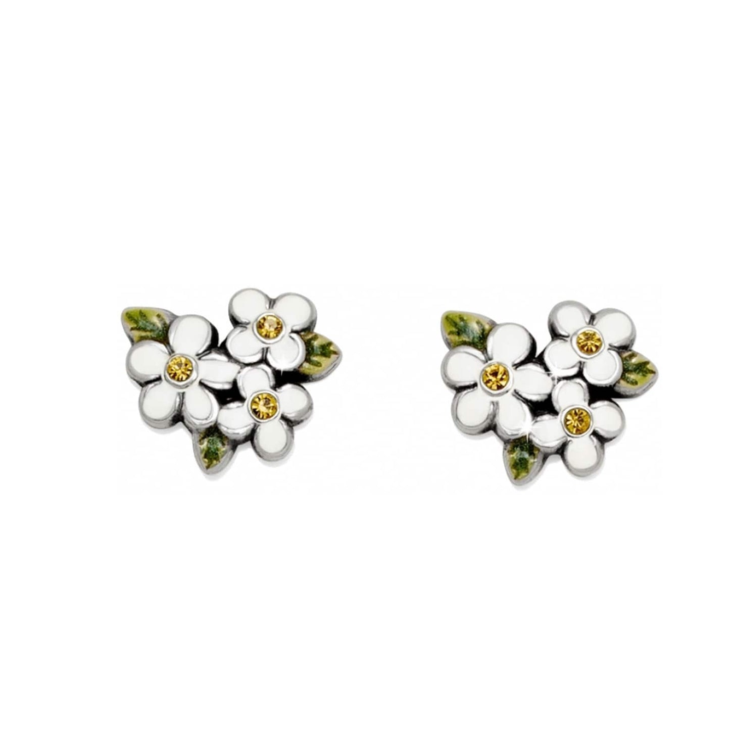 Brighton stud earrings with white enamel flowers, yellow crystal centers, and green leaf accents on a white background