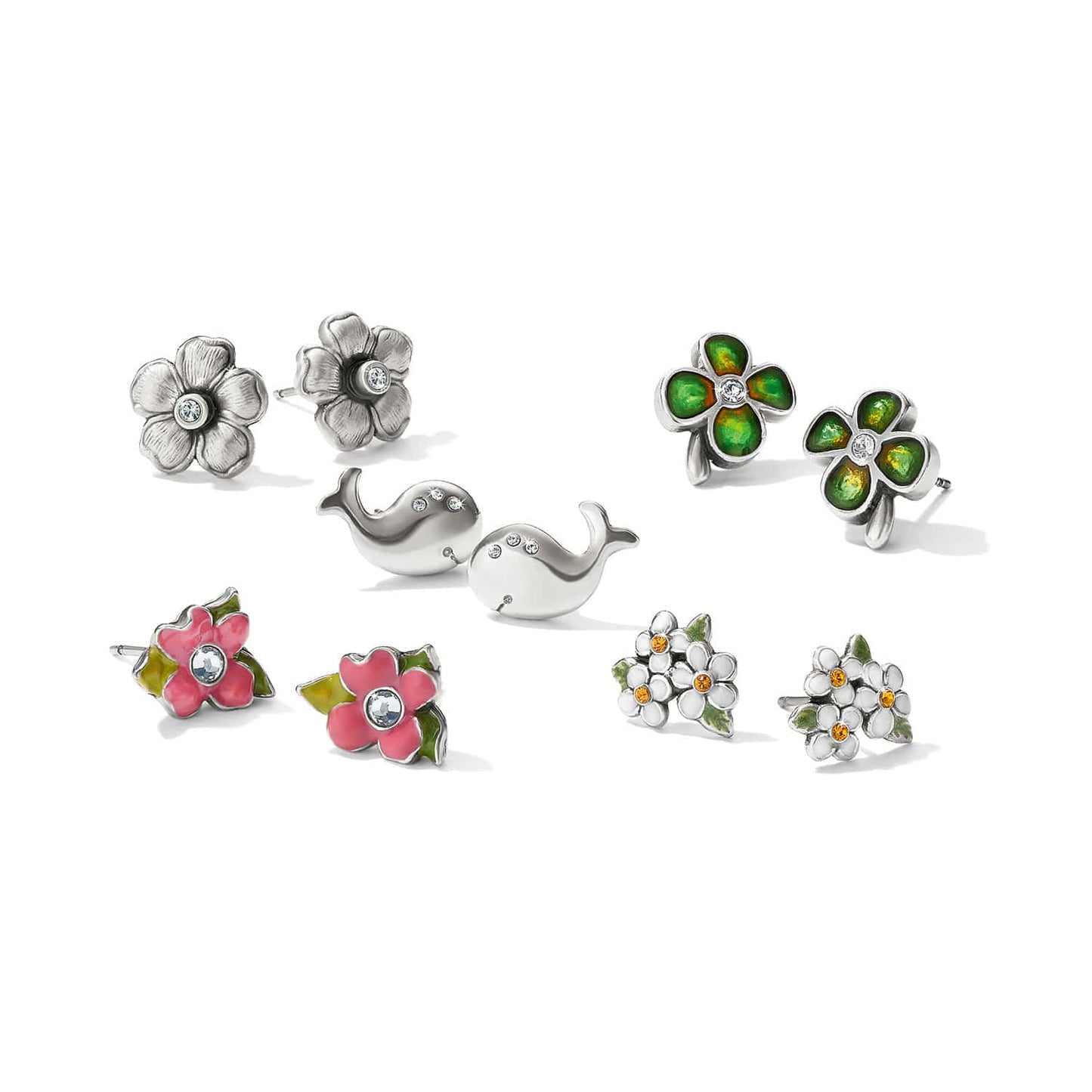 Brighton stud earrings set with flowers, whales, and clover designs in enamel and crystal accents on a white background