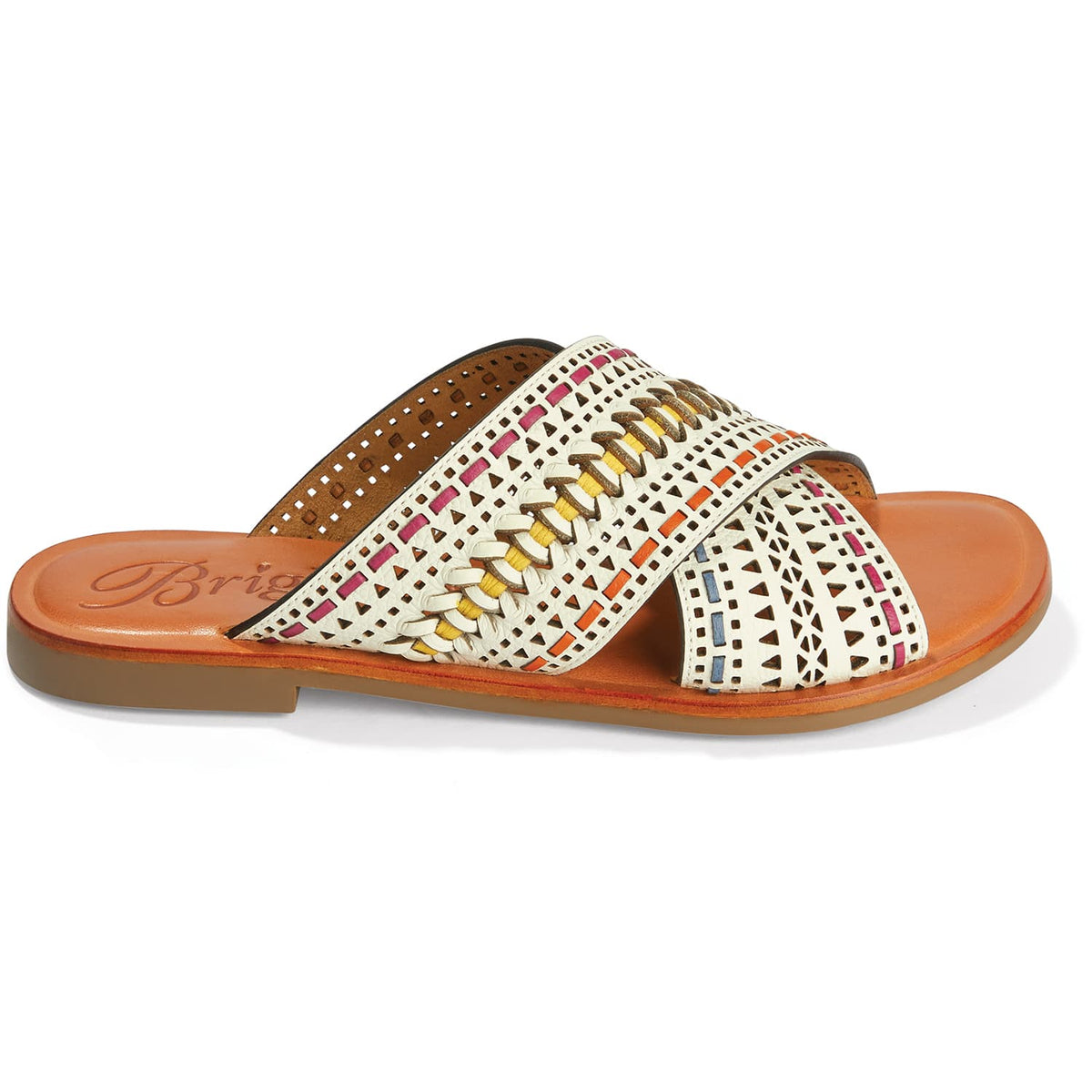 Brighton crossover slide sandals in white leather with laser-cut pattern and multicolor woven stitching on a white background