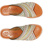 Brighton leather slide sandals with cream cutout crossover straps and multicolor woven stitching on a white background