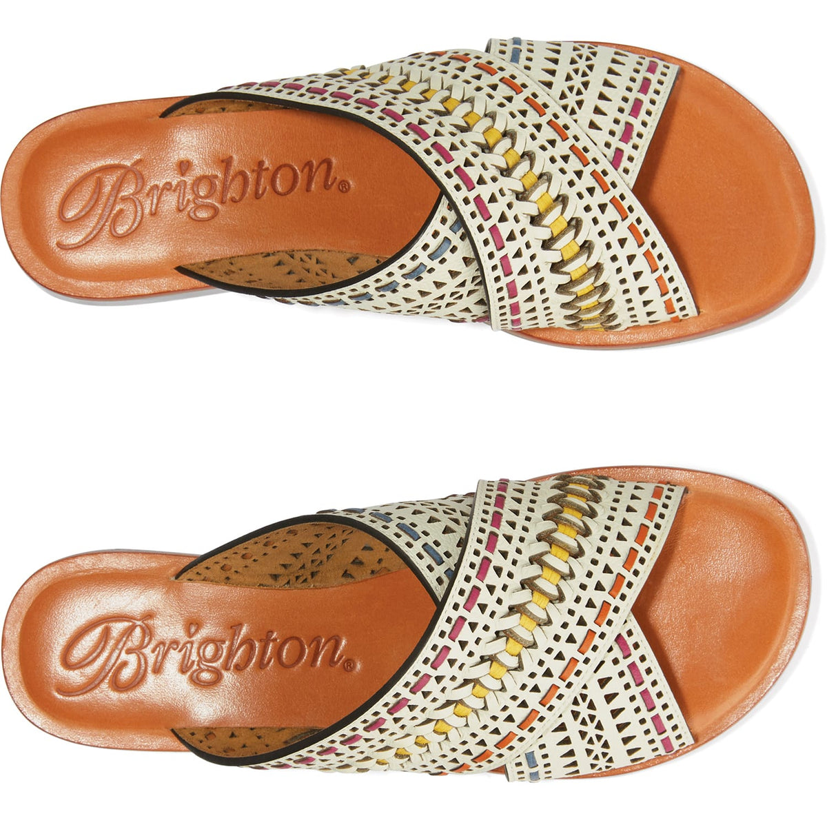 Brighton leather slide sandals with cream cutout crossover straps and multicolor woven stitching on a white background