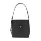 Brighton black leather shoulder handbag with silver-tone studded strap, front pocket, and heart accent on a white background