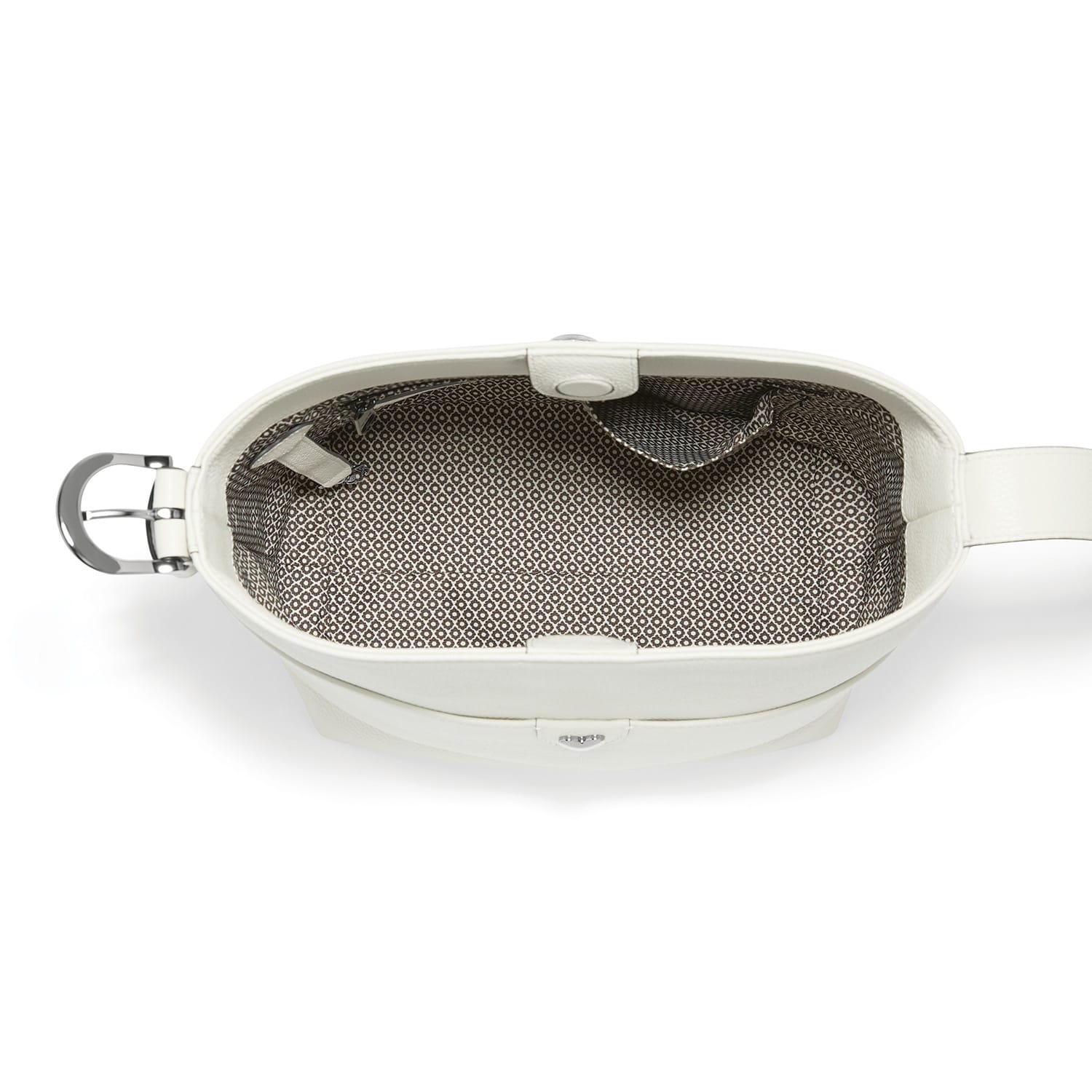 Brighton white leather handbag interior view showing patterned fabric lining and silver-tone hardware on a white background
