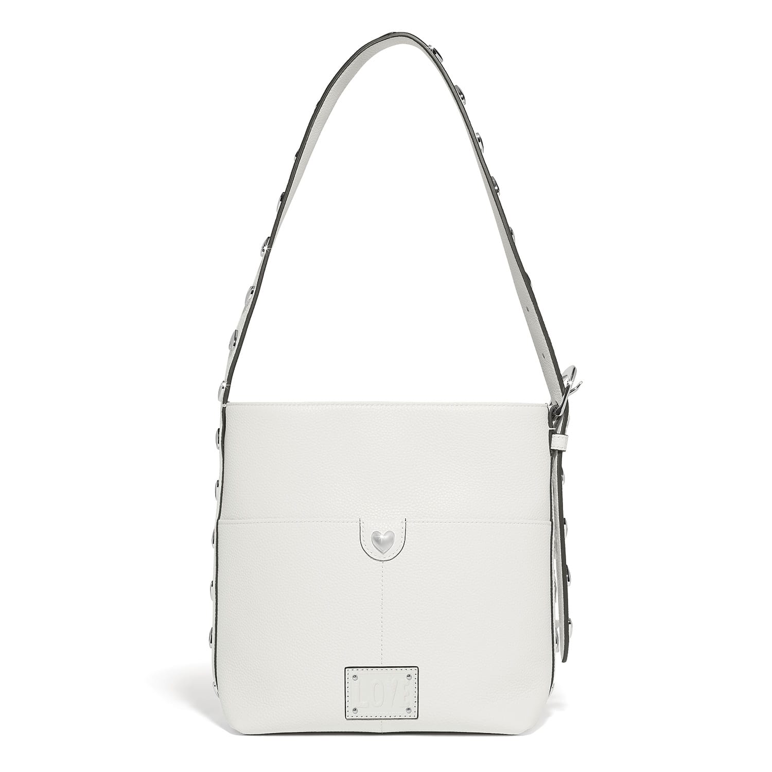 Brighton white pebbled leather shoulder handbag with studded strap, heart accent, and Love nameplate on a white background