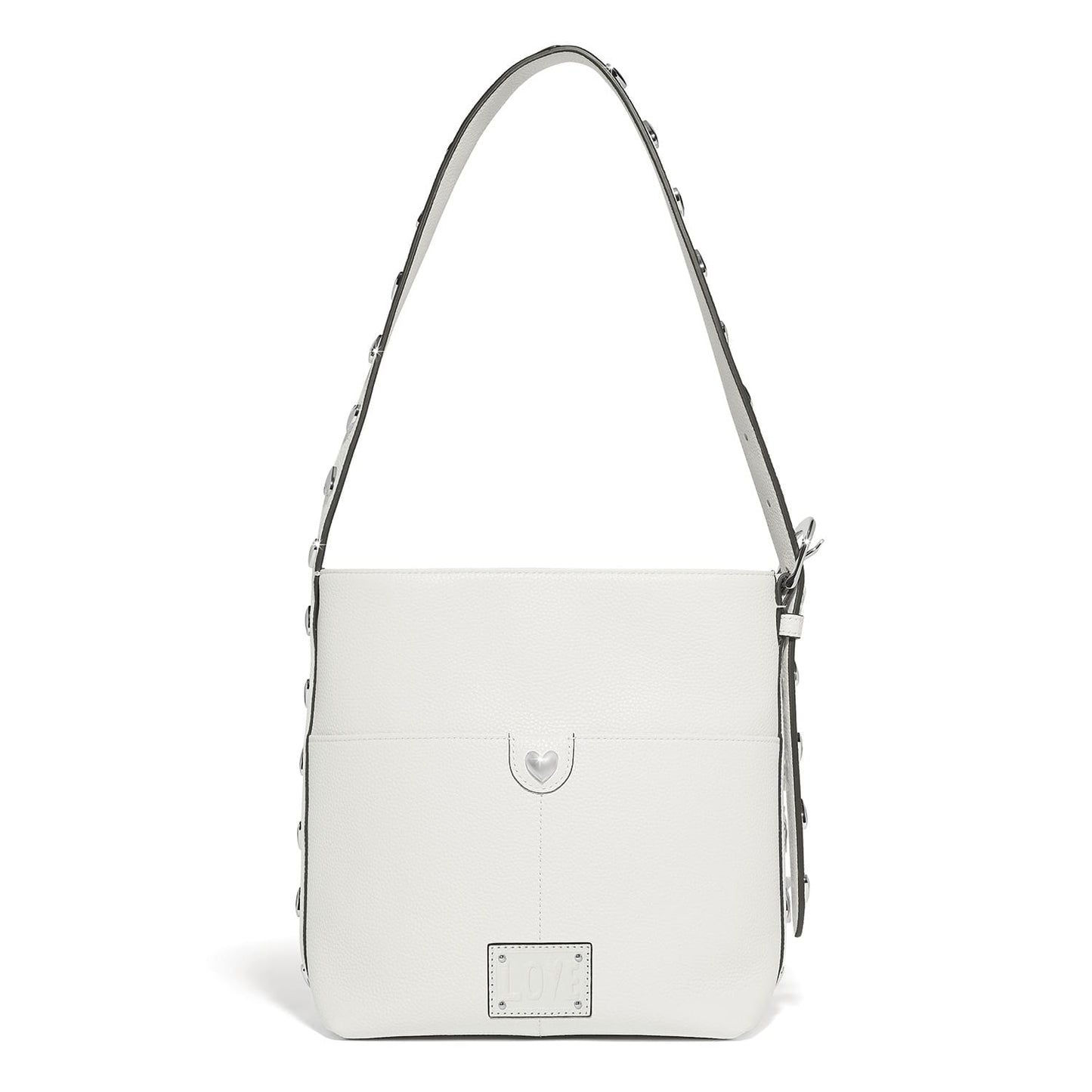 Brighton white pebbled leather shoulder handbag with studded strap, heart accent, and Love nameplate on a white background