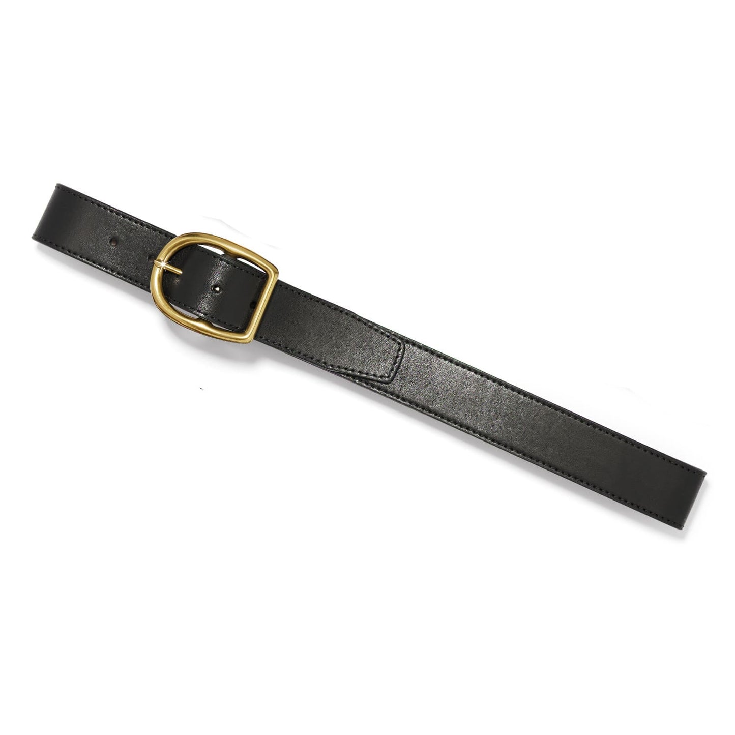 Brighton black leather belt with oval gold-tone buckle and stitched edge detailing on a white background