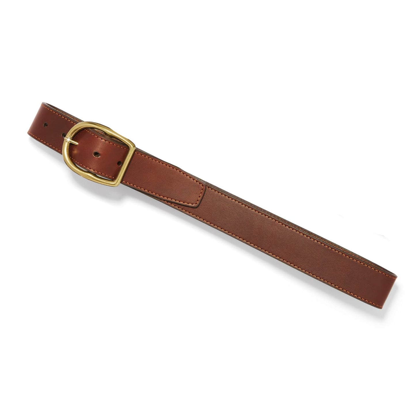Brighton brown leather belt with oval gold-tone buckle and contrast stitching on a white background