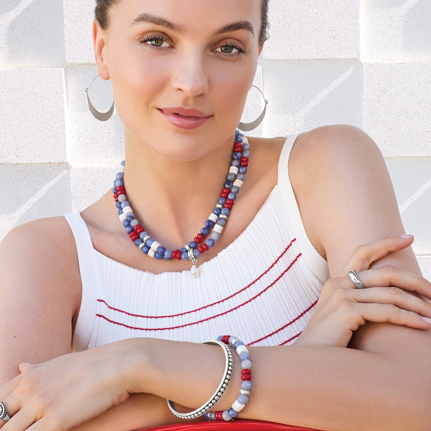 Americana Beach Pearl Charm Necklace red-white-blue 5
