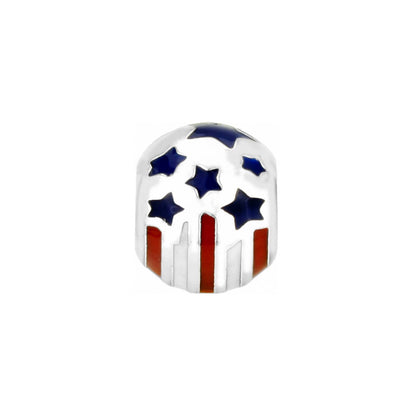 Brighton charm bead with silver-plated finish and American flag enamel design featuring blue stars and red stripes on a white background
