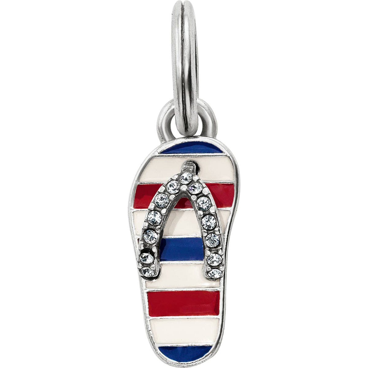 Brighton flip-flop charm with red, white, and blue enamel stripes and crystal-set strap on a white background