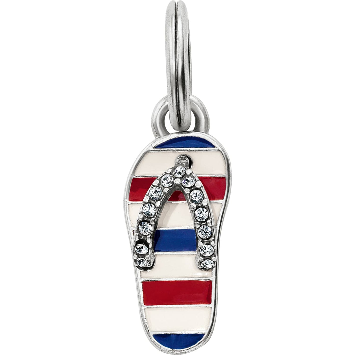 Brighton flip-flop charm with red, white, and blue enamel stripes and crystal-set strap on a white background