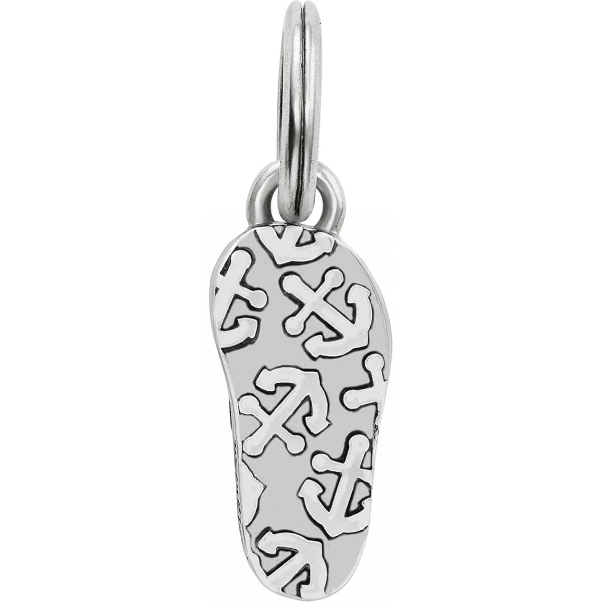 Brighton flip-flop charm with silver-plated anchor pattern design and split ring attachment on a white background