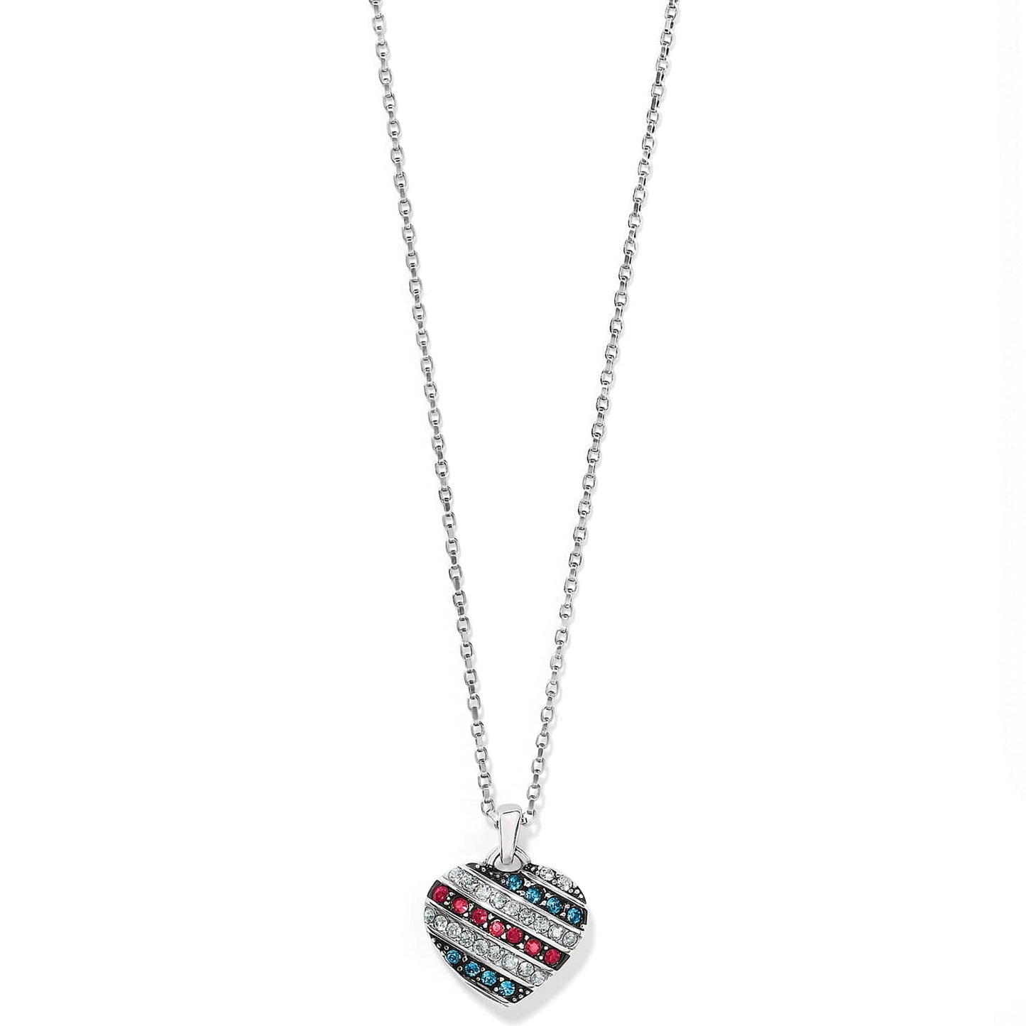 Brighton pendant necklace with silver-plated chain and striped heart charm featuring red, blue, and clear crystals on a white background