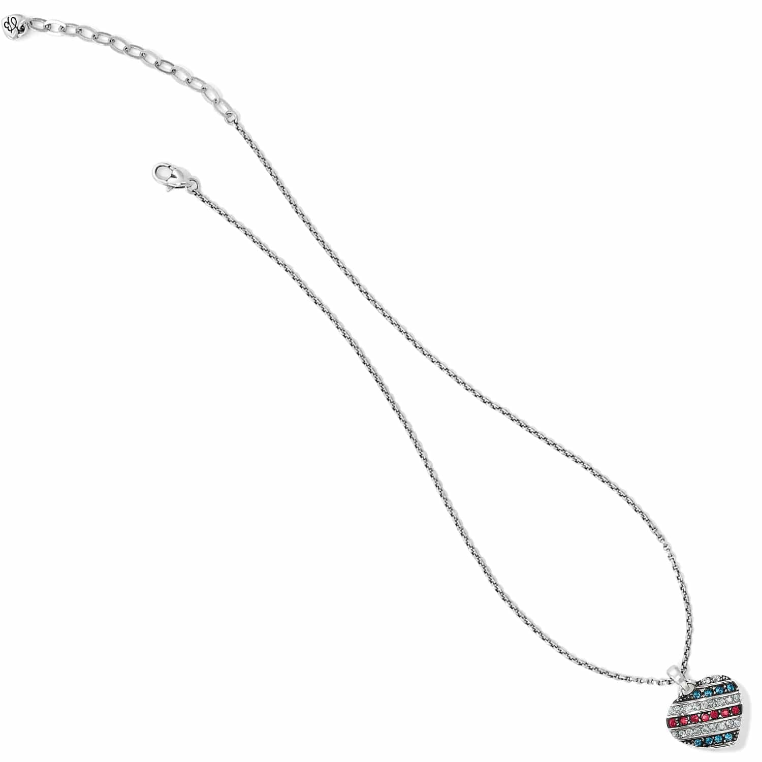 Brighton pendant necklace with silver-plated chain and striped heart charm featuring red, blue, and clear crystals on a white background