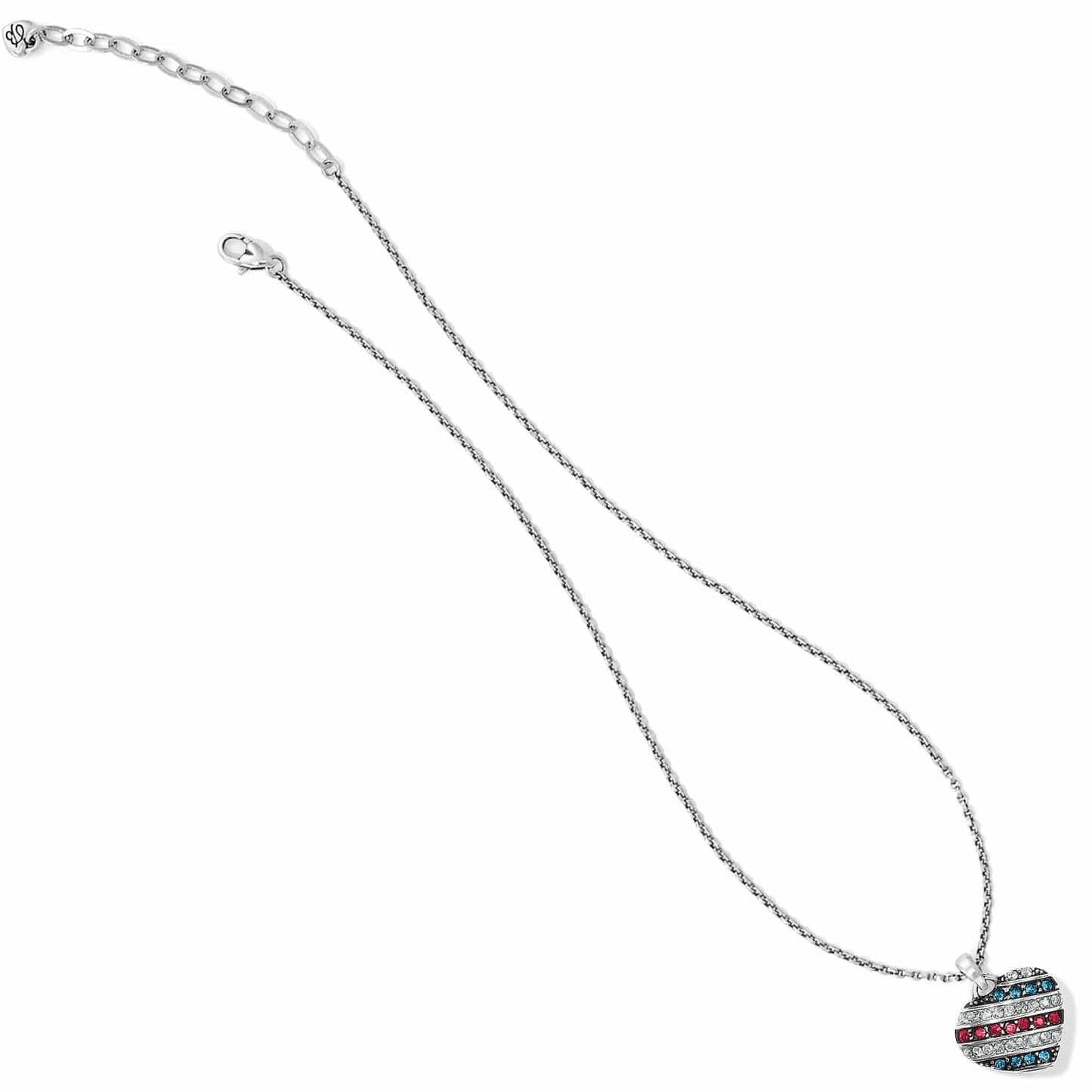 Brighton pendant necklace with silver-plated chain and striped heart charm featuring red, blue, and clear crystals on a white background