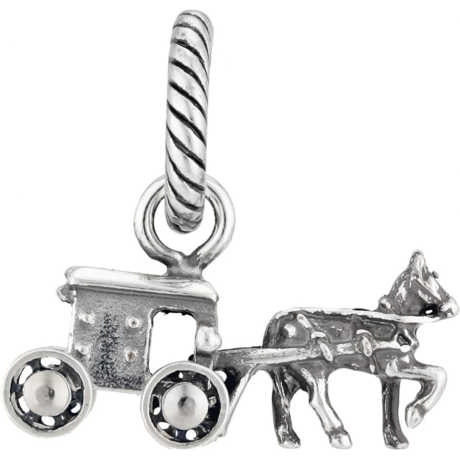 Brighton charm featuring silver-plated horse and Amish buggy design with twisted rope bail on a white background