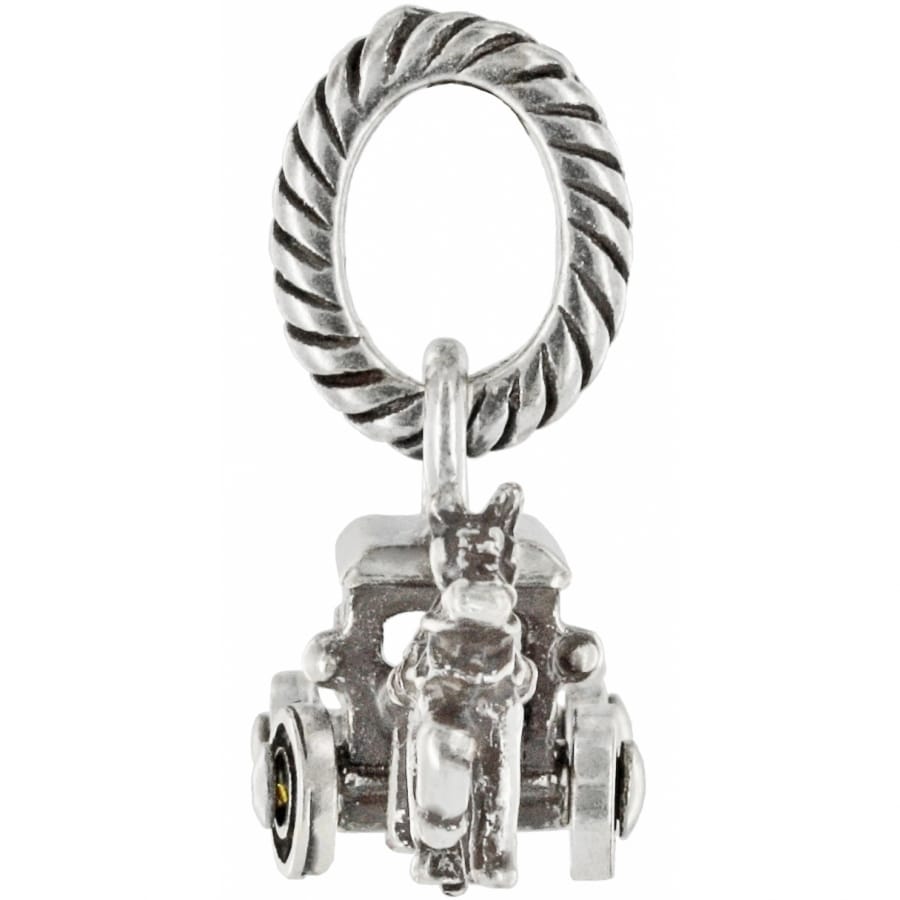 Brighton charm with silver-plated rope-textured loop and horse-drawn carriage motif with wheels on a white background