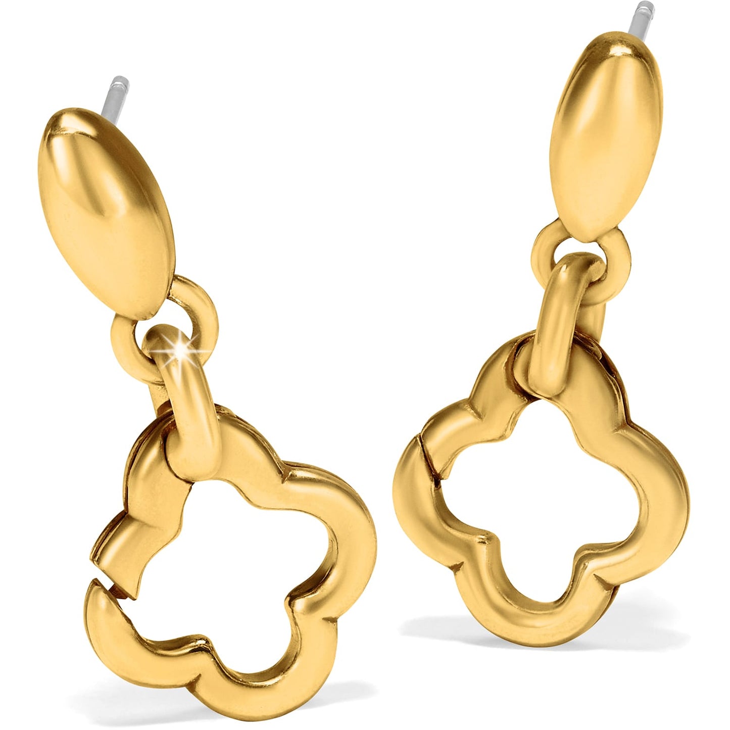 Brighton drop earrings with gold-tone oval posts and openwork clover-shaped charms on a white background