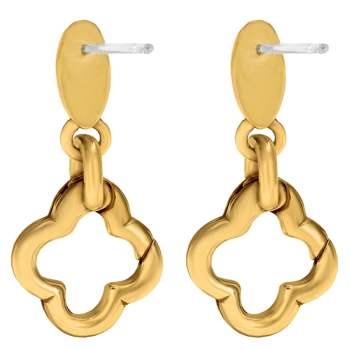 Brighton drop earrings with gold-tone oval posts and dangling quatrefoil clover shapes on a white background