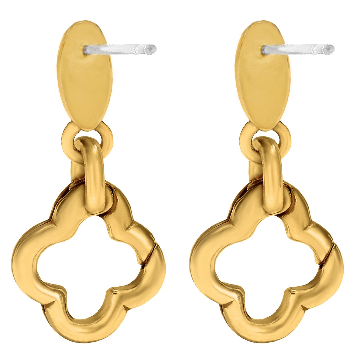 Brighton drop earrings with gold-tone oval posts and dangling quatrefoil clover shapes on a white background