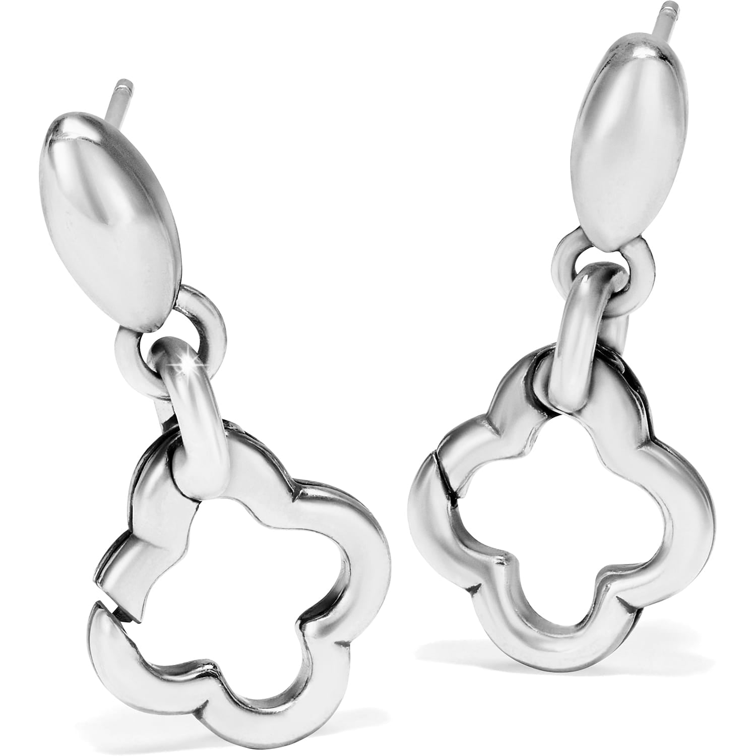 Brighton drop earrings with silver-tone oval posts and open quatrefoil clover dangles on a white background