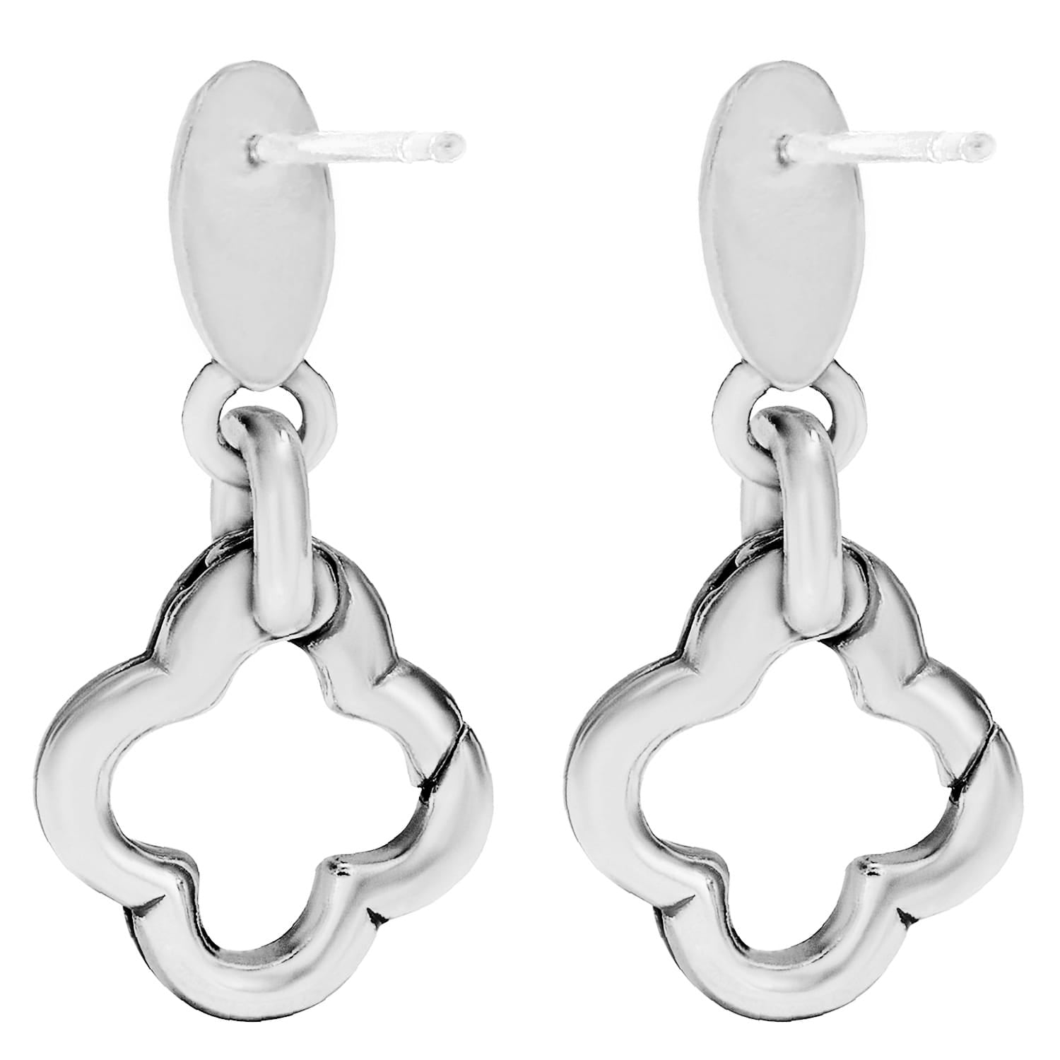 Brighton drop earrings with silver-tone oval posts and open quatrefoil clover dangles on a white background