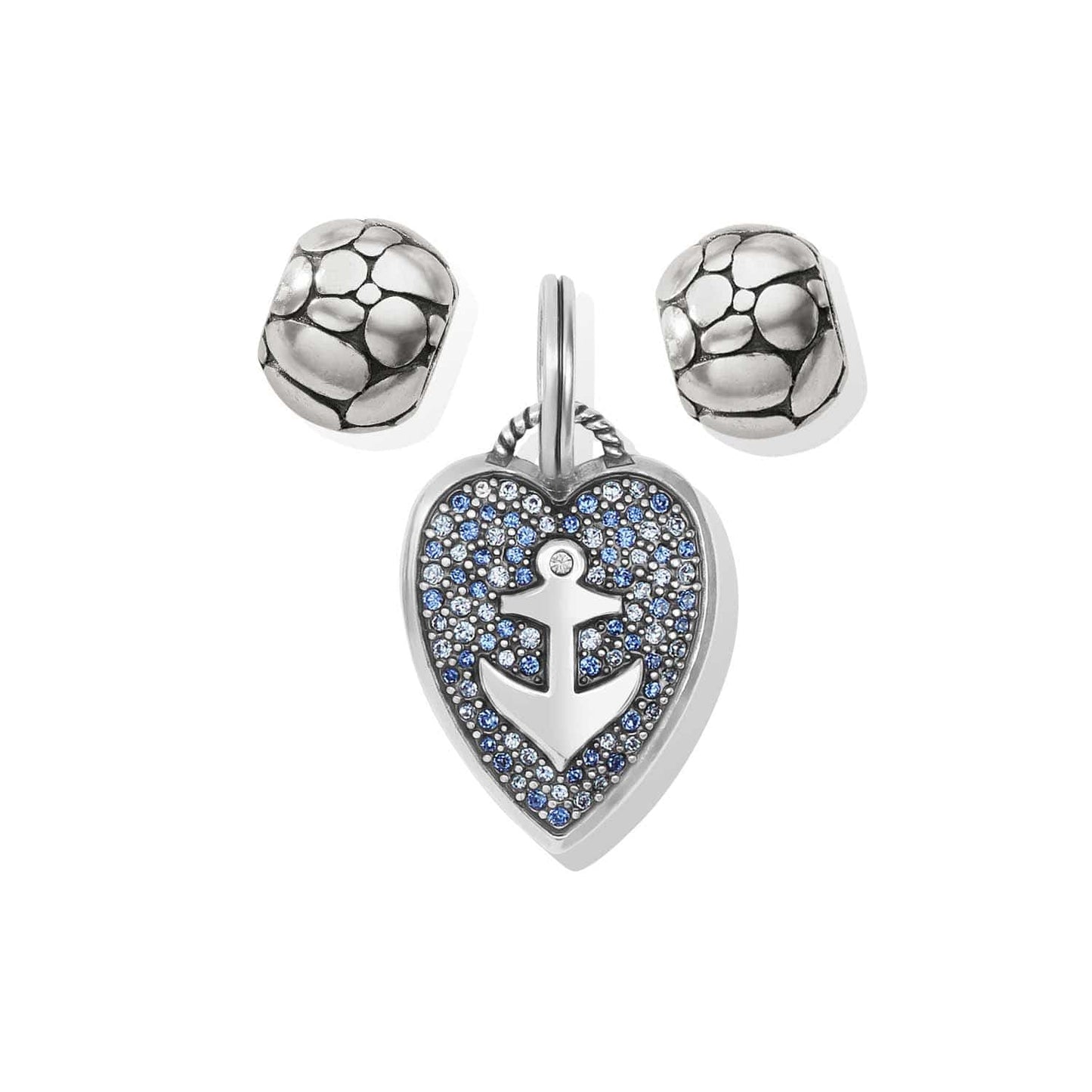 Brighton charm set with silver-plated anchor heart pendant with blue crystals and two textured bead charms on a white background