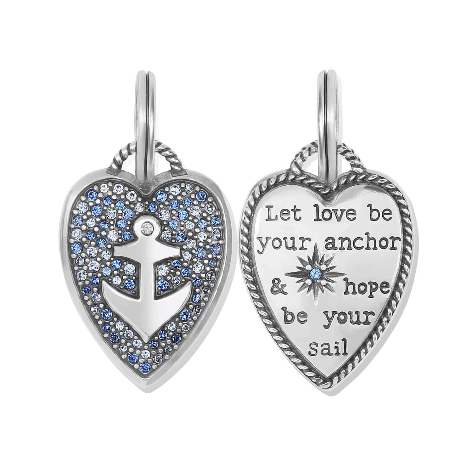 Brighton heart charm with anchor and blue crystals, shown with engraved inspirational message reverse side on a white background