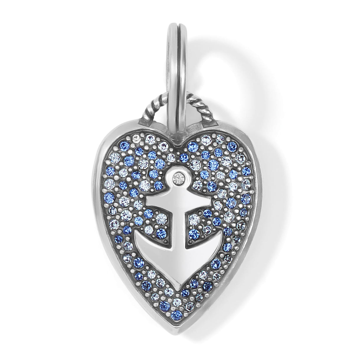 Brighton heart charm pendant with silver-plated anchor cutout and blue and clear crystal pave on a white background