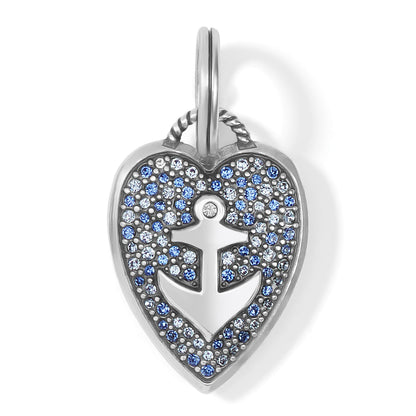Brighton heart charm pendant with silver-plated anchor cutout and blue and clear crystal pave on a white background