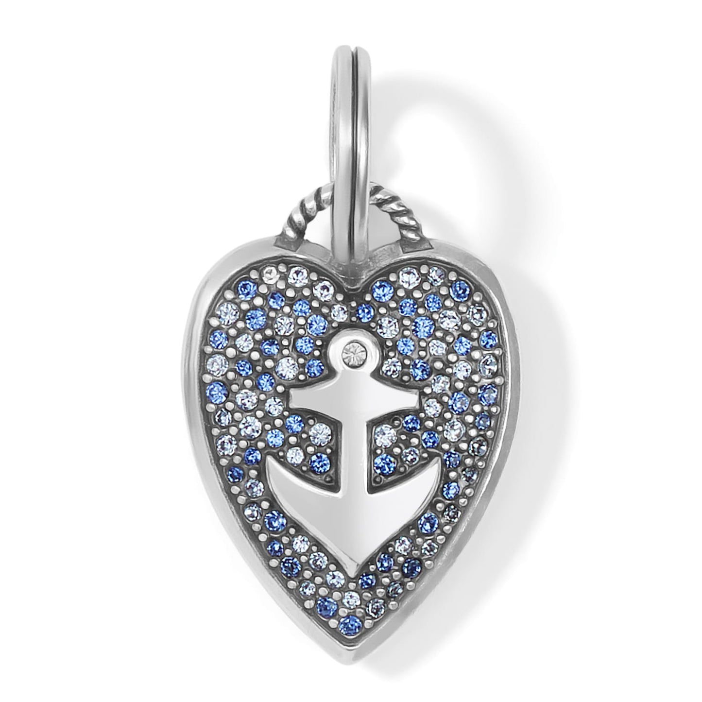 Brighton heart charm pendant with silver-plated anchor cutout and blue and clear crystal pave on a white background