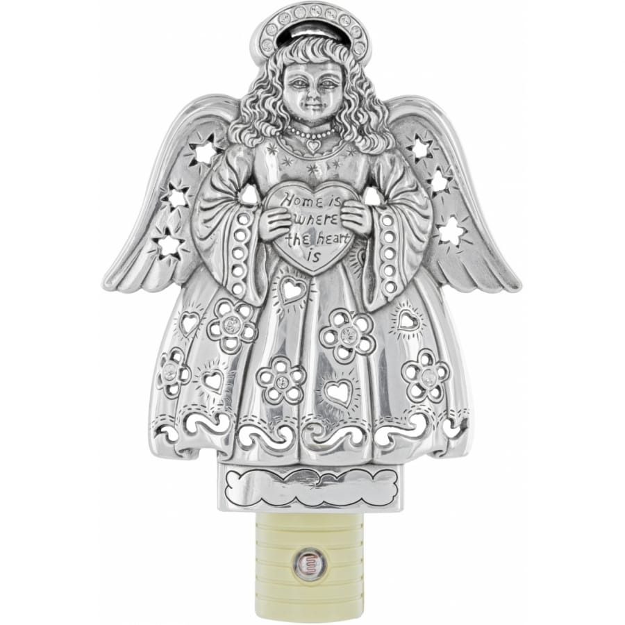Brighton angel night light with silver-plated finish, embossed heart, halo, and floral dress details on a white background