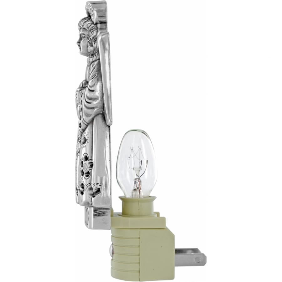 Brighton night light with silver-plated figural woman design and clear bulb on plug base on a white background