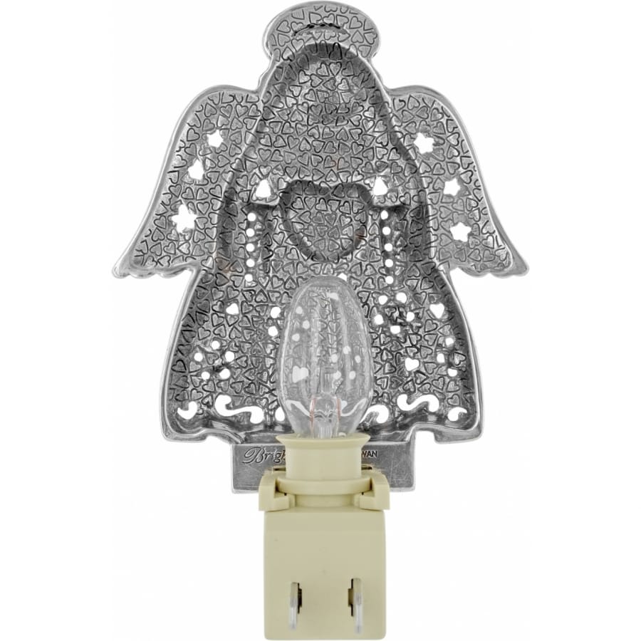 Brighton angel-shaped night light with silver-plated heart-patterned cutout design and illuminated bulb on a white background