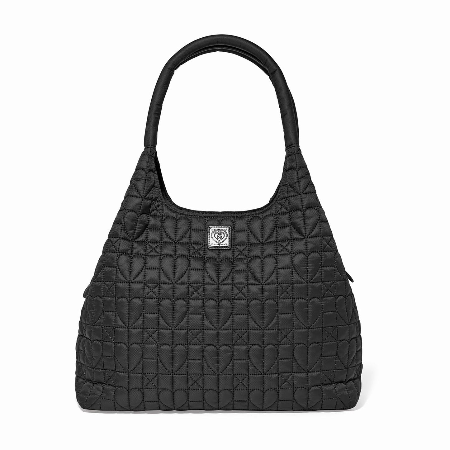 Brighton black quilted shoulder handbag with heart stitching pattern and silver-tone logo plaque on a white background