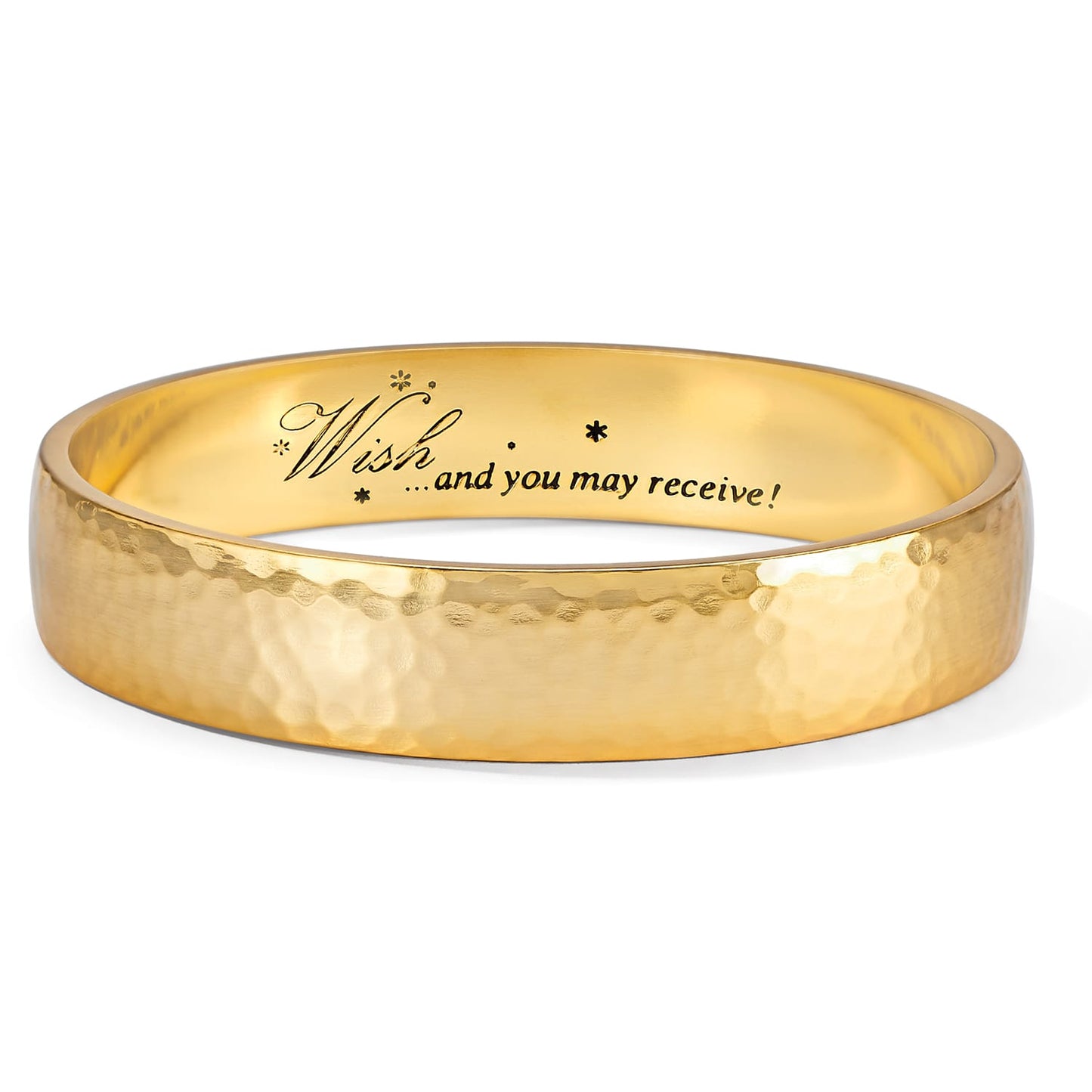 Brighton bangle bracelet with brushed gold-plated hammered finish and engraved Wish and you may receive interior on a white background
