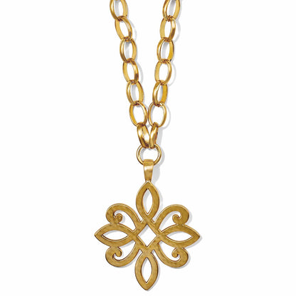 Brighton pendant necklace with brushed gold scrollwork medallion and chunky oval link chain on a white background