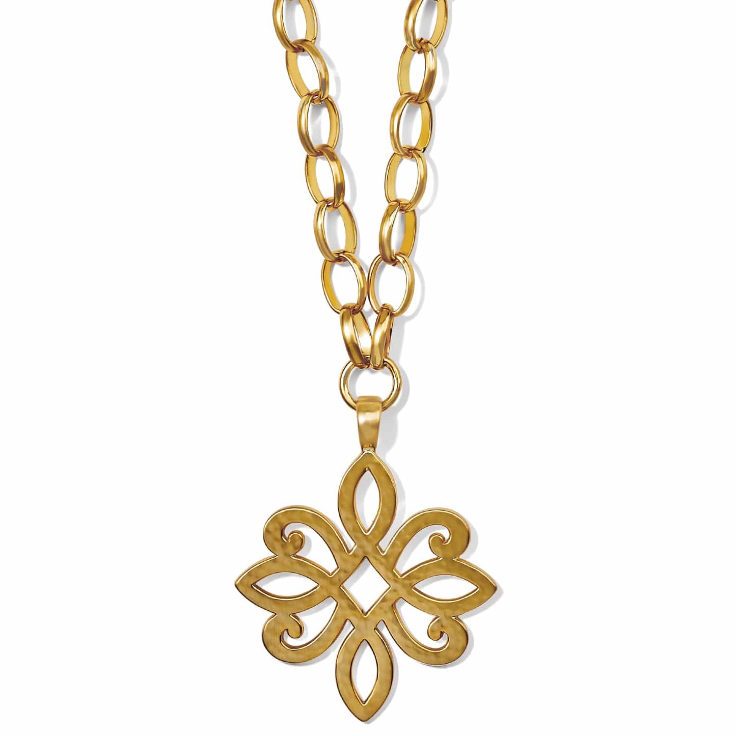 Brighton pendant necklace with brushed gold scrollwork medallion and chunky oval link chain on a white background