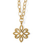 Brighton pendant necklace with brushed gold ornate scroll design and engraved inscription on chain link on white background
