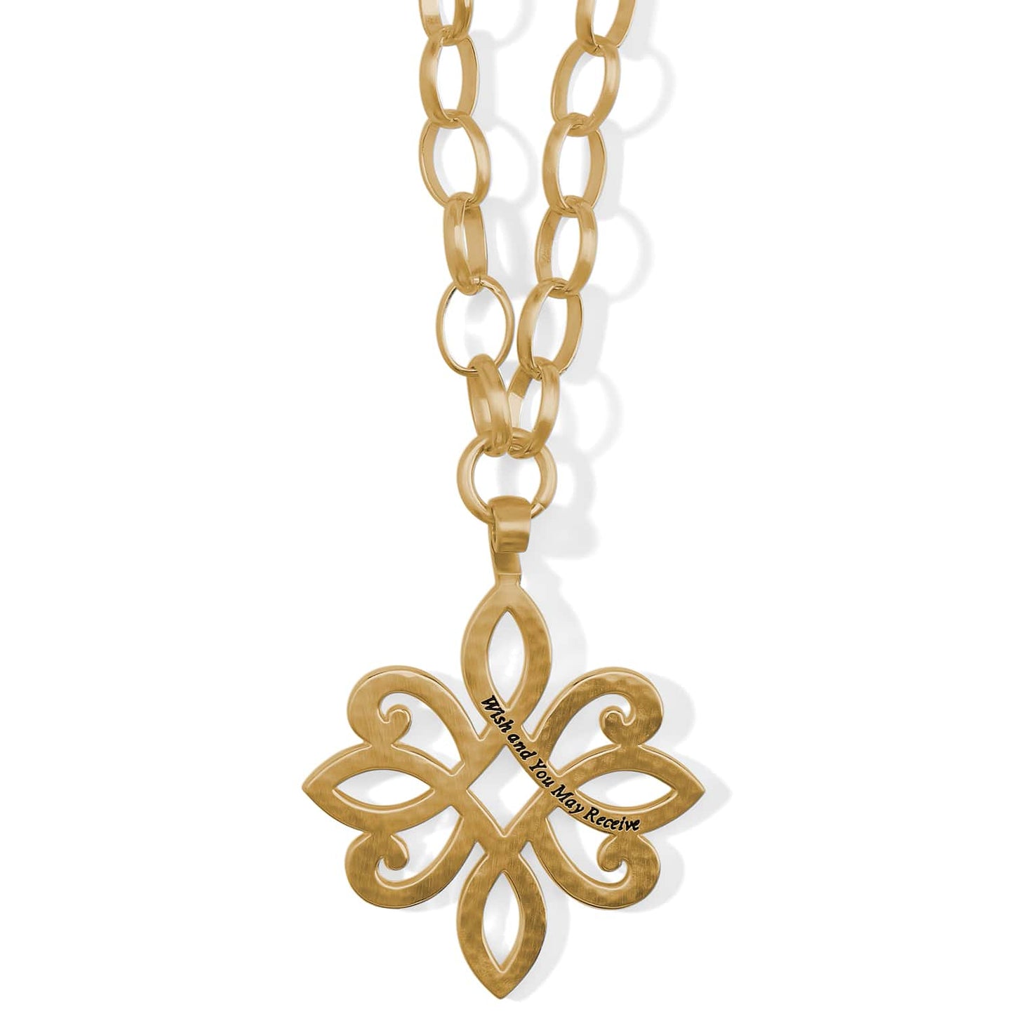 Brighton pendant necklace with brushed gold ornate scroll design and engraved inscription on chain link on white background
