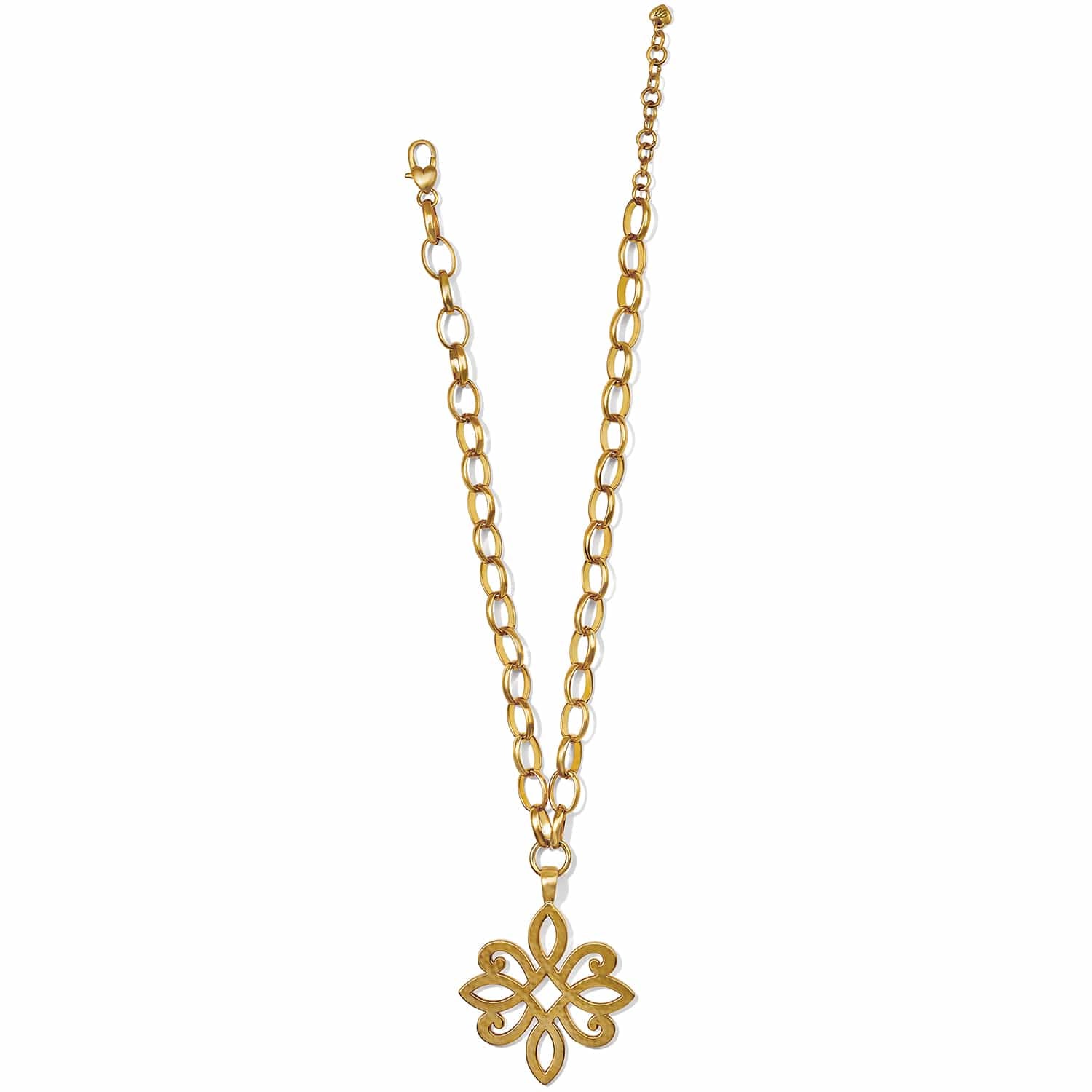 Brighton pendant necklace with gold-tone chain and openwork scrollwork flower pendant on a white background