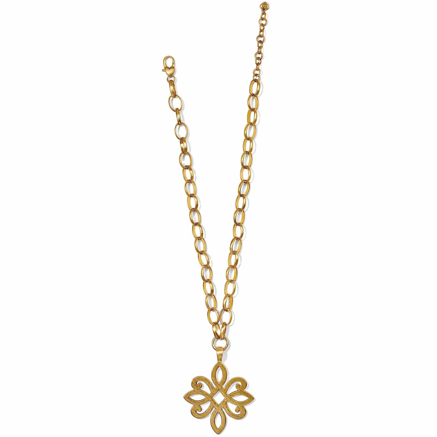 Brighton pendant necklace with gold-tone chain and openwork scrollwork flower pendant on a white background