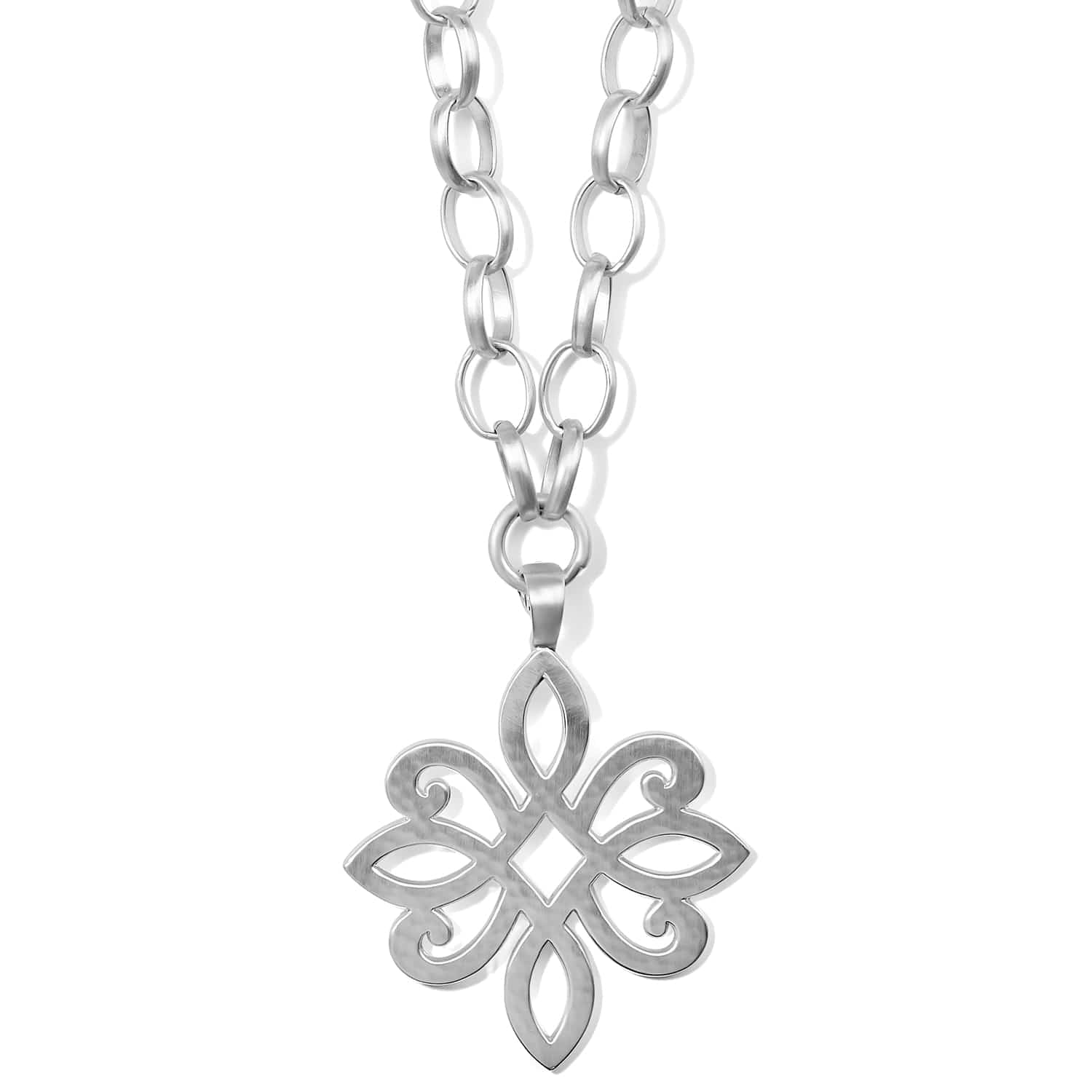 Brighton pendant necklace with silver-plated openwork scroll floral motif and oval link chain on a white background