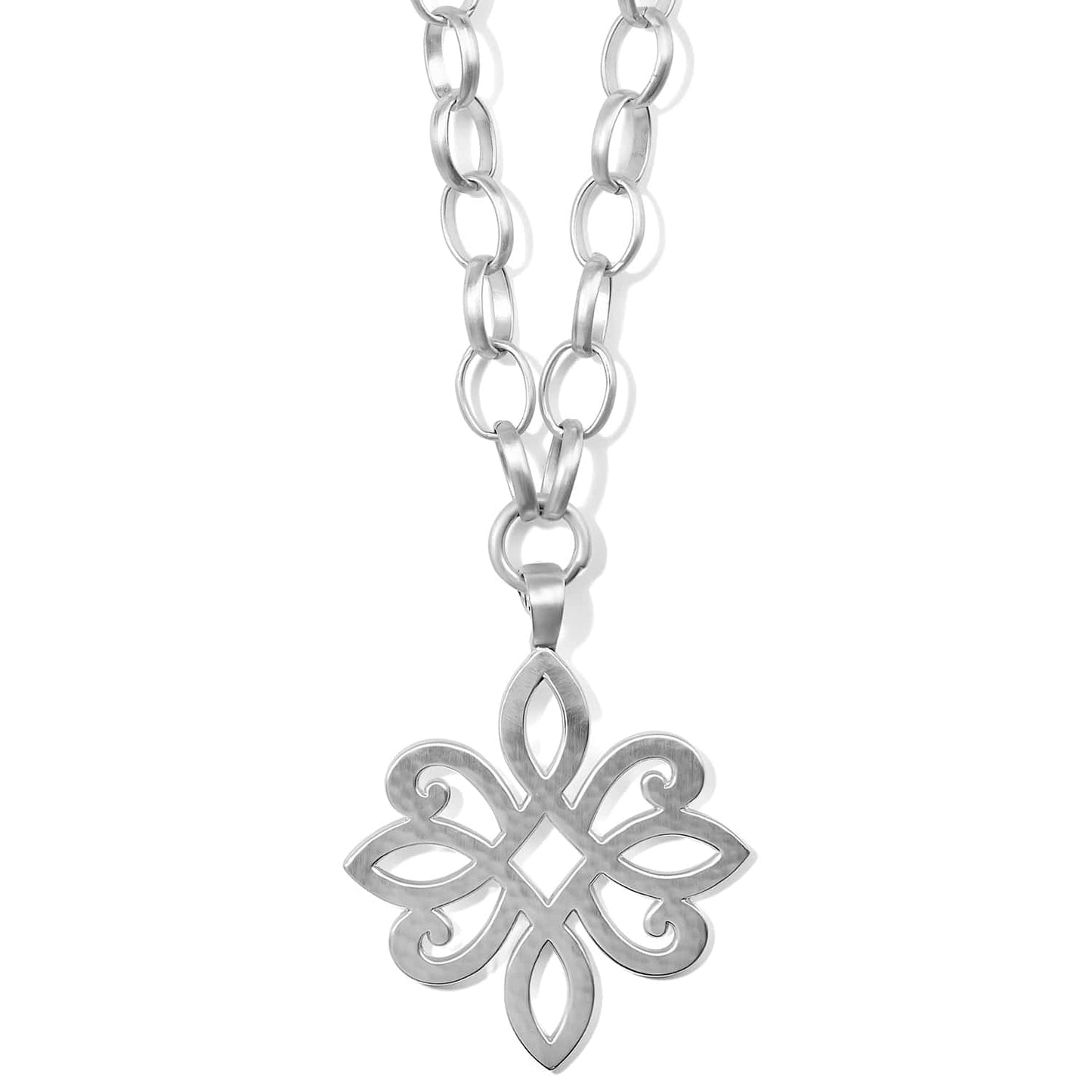 Brighton pendant necklace with silver-plated openwork scroll floral motif and oval link chain on a white background