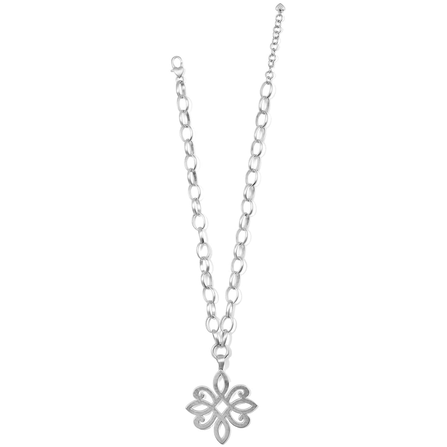 Brighton pendant necklace with silver-plated openwork floral design and oval link chain on a white background