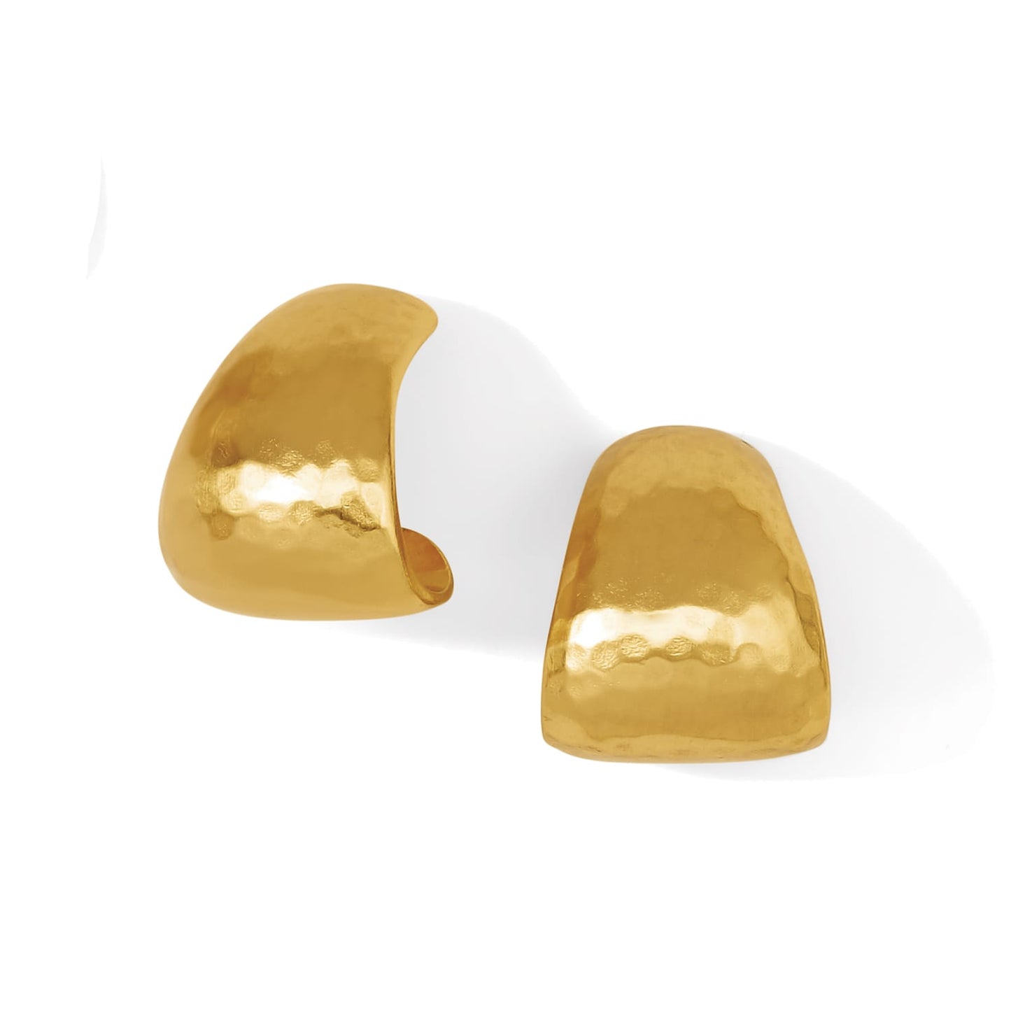Brighton tapered wide hoop earrings in hammered gold-tone finish with curved profile on a white background