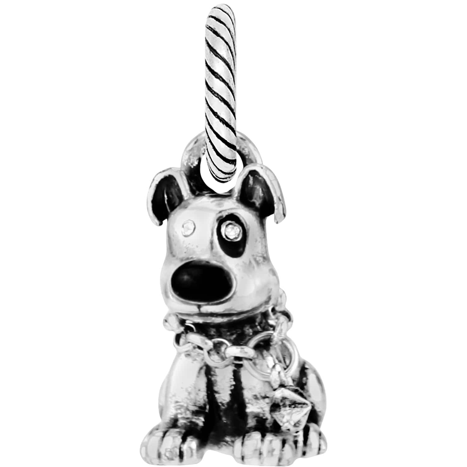 Brighton dog charm with silver-plated finish, crystal eyes, and collar with hanging tag on a white background
