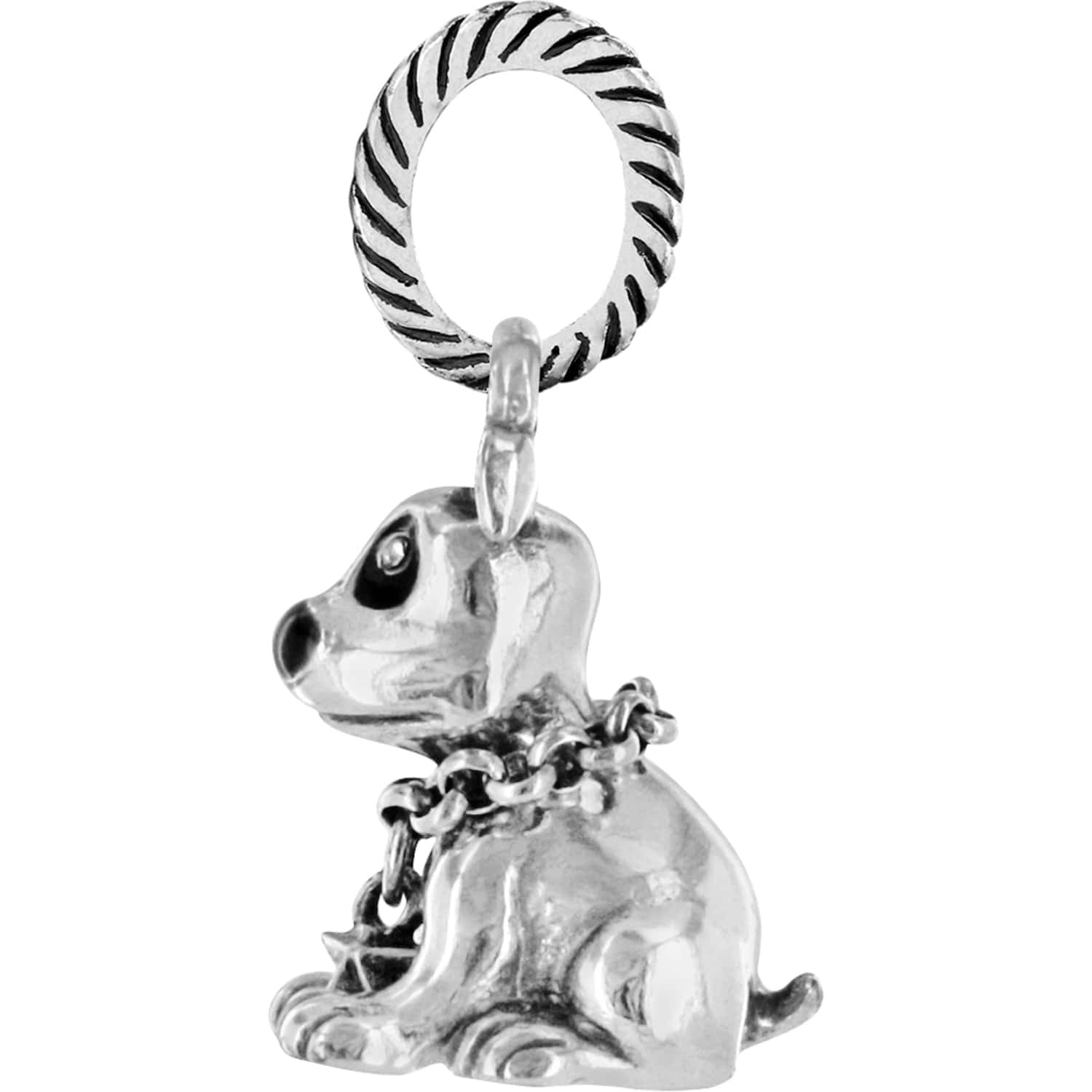 Brighton puppy dog charm with silver-plated finish and chain collar detail on a white background