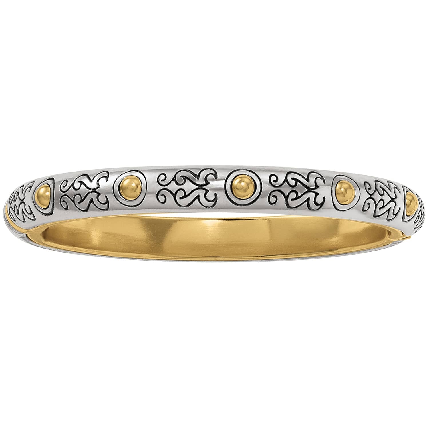 Brighton bangle bracelet with silver-plated scroll engravings, gold-plated bead accents, and gold-plated interior on a white background